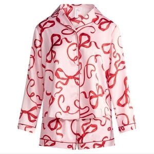 Joyspun Women’s Stretch Satin Notch Long Sleeve Top and Shorts Pajama Set